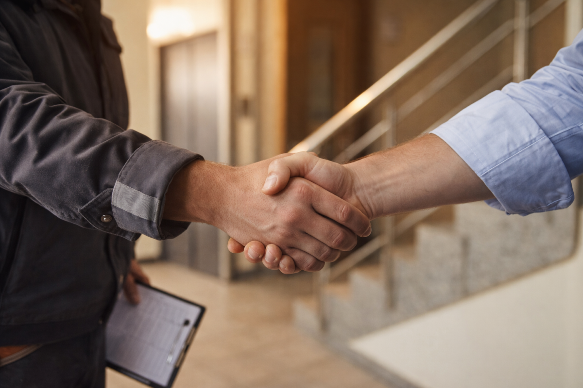 Handshake im Treppenhaus (KI-Bild)